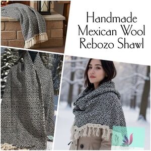 Mexican Rebozo Shawl in Black on Cream 100% Raw Wool, Thick, Large Winter Wrap